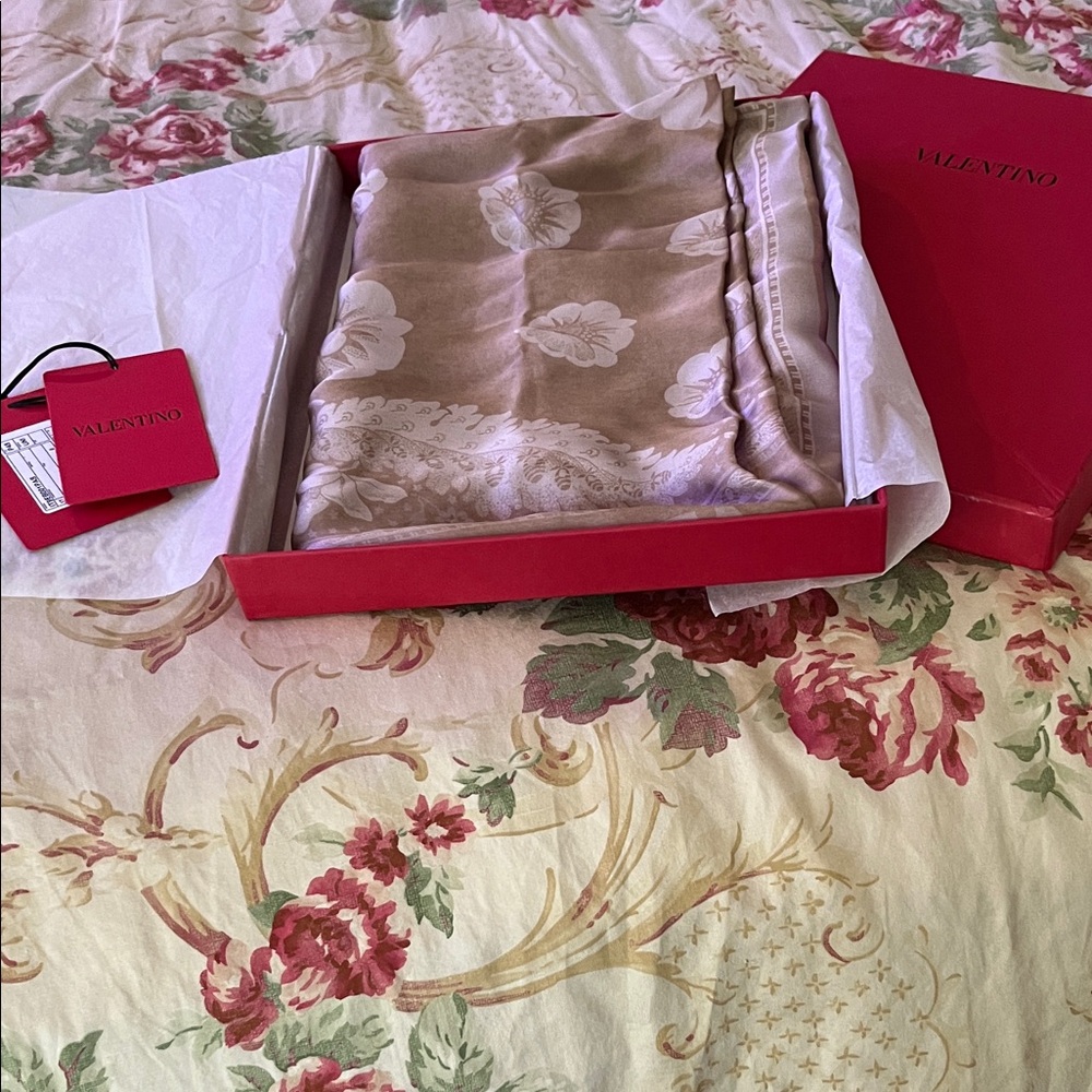 Valentino Beige Floral Silk Scarf